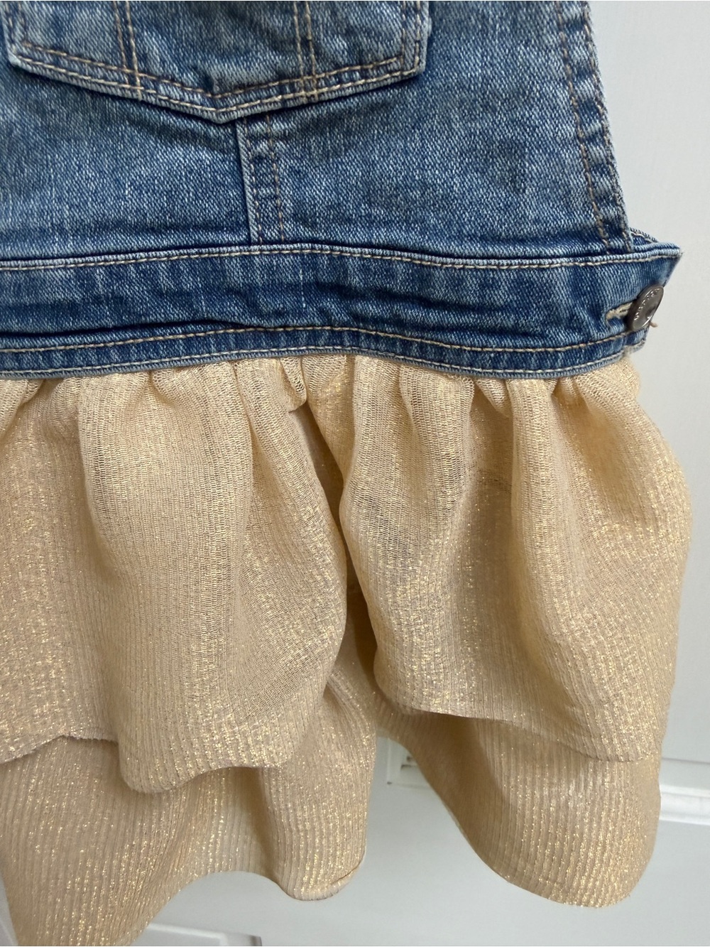 Jordache 5T Girls Denim Overalls with Shimmering Gold Tiered Skirt Jumper - Picture 4 of 7